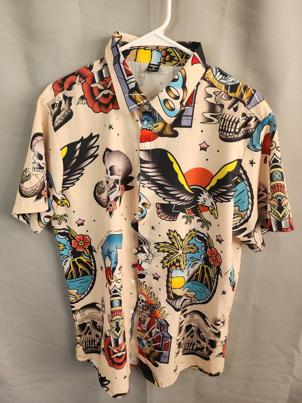 Beige Tattoo-Print Short Sleeve Button-Down Shirt